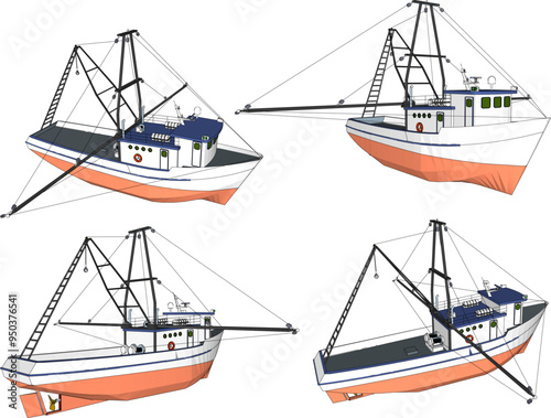Vector sketch illustration of the design of a fishing boat searching for fish on the high seas