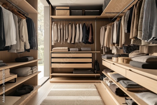 Stylish Japandi Walk-In Closet with Light Wood Shelves and Minimalist Elegance