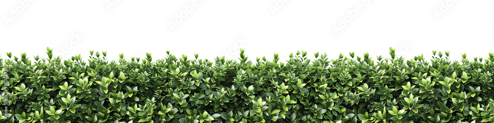 A dense and healthy hedge shrub arranged in a horizontal decorative border, isolated on a pure white background. Each leaf is distinctly visible, with slight shadows adding depth A dense and healthy hedge shrub arranged in a horizontal decorative border, isolated on a pure white background. Each leaf is distinctly visible, with slight shadows adding depth