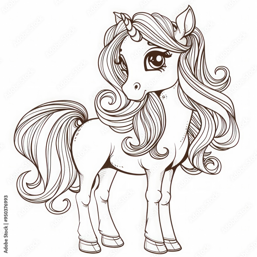 Cartoon unicorn with flowing mane and big eyes. Black and white line art illustration. Fantasy animal theme for coloring book design. Flat illustration. Generative AI