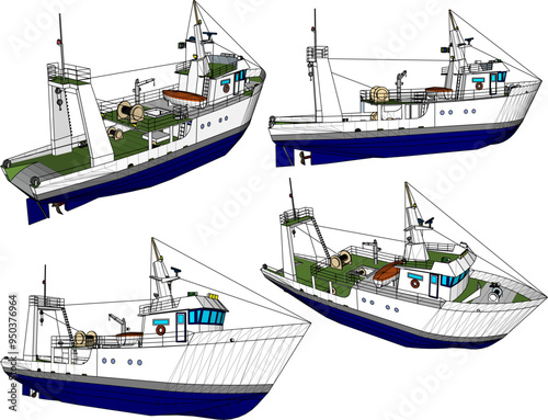 Vector sketch illustration of the design of a fishing boat searching for fish on the high seas