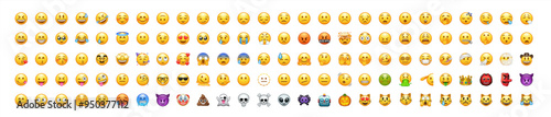 Set of yellow emoji and emoticon faces in vector graphic format on a transparent background. This collection represents a variety of emotions and expressions, perfect for digital designs. Vector 10eps