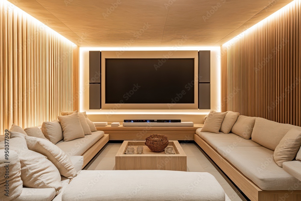 Tranquil Japandi Media Room with Light Wood Accents and Cozy Seating in Neutral Tones under Soft Ambient Lighting - Straight-on View Tranquil Japandi Media Room with Light Wood Accents and Cozy Seating in Neutral Tones under Soft Ambient Lighting - Straight-on View
