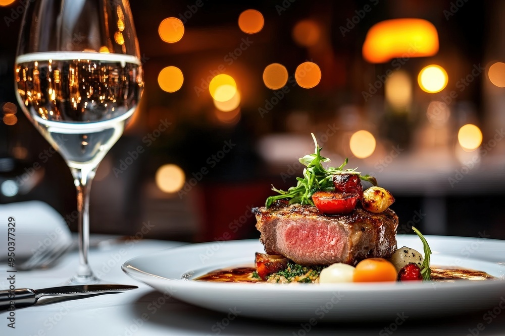 A sophisticated restaurant setting highlights a deliciously cooked steak on a white plate, garnished with vegetables and paired with a glass of white wine, under warm lighting. A sophisticated restaurant setting highlights a deliciously cooked steak on a white plate, garnished with vegetables and paired with a glass of white wine, under warm lighting.
