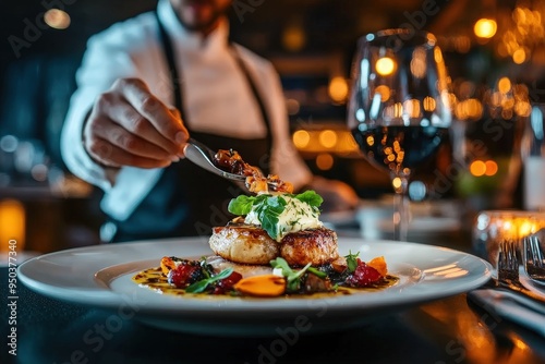 A chef is serving a gourmet dish with an artistic presentation in a stylish restaurant setting. The dish is complemented by vibrant garnishes and a glass of red wine.