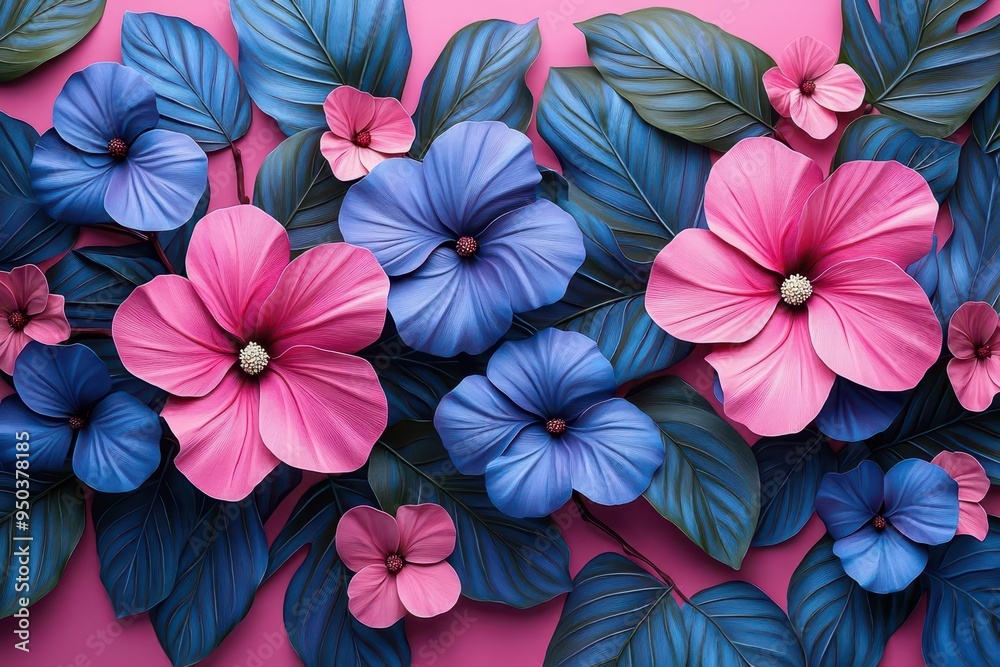 tropical pattern with bold flatcolored exotic leaves and flowers in pink turquoise and magenta arranged in a rhythmic composition on a vibrant pink background tropical pattern with bold flatcolored exotic leaves and flowers in pink turquoise and magenta arranged in a rhythmic composition on a vibrant pink background