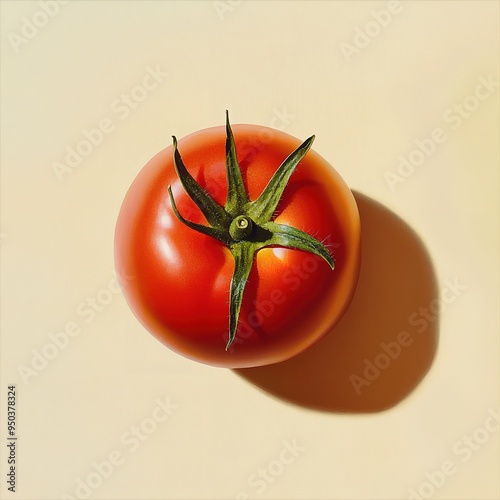 Close-up of a delicious red tomato with its green head of leaves on a siolated yellow background. photo