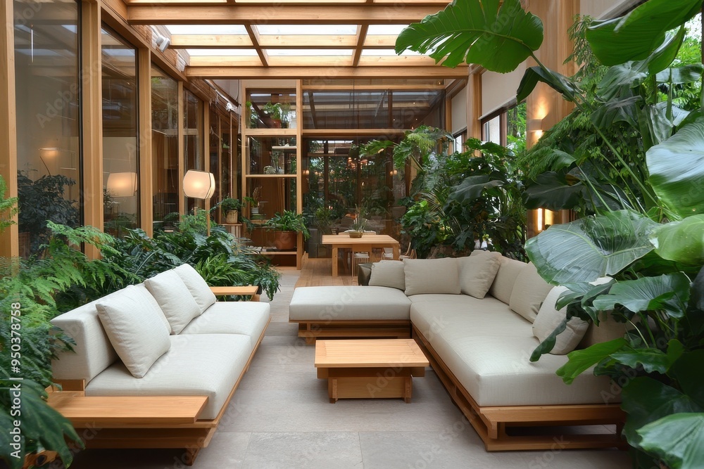 Fototapeta premium Serene Japandi Conservatory with Light Wood Frames and Lush Greenery, Side Shot of Bright and Neutral Tones Interior