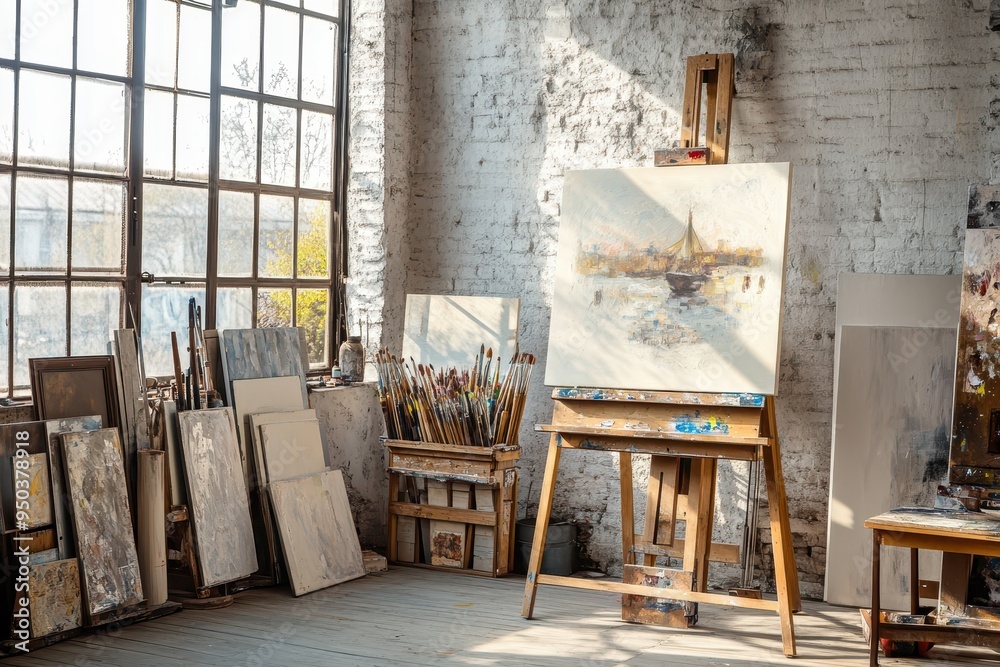 Serene Japandi Artist Studio with Light Wood Easel in Neutral Tones, Bathed in Natural Light - Side Shot of Inspiring and Clean Workspace Serene Japandi Artist Studio with Light Wood Easel in Neutral Tones, Bathed in Natural Light - Side Shot of Inspiring and Clean Workspace