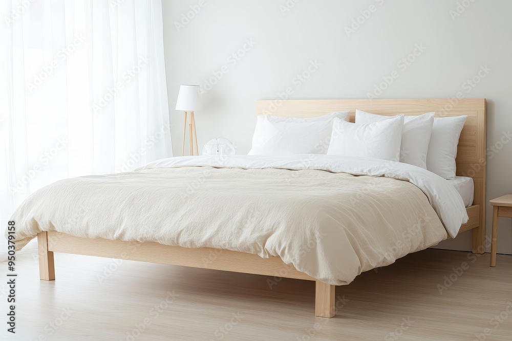 Serene Minimalist Bedroom with Beige Bedding and Oak Frame, Bathed in Morning Light