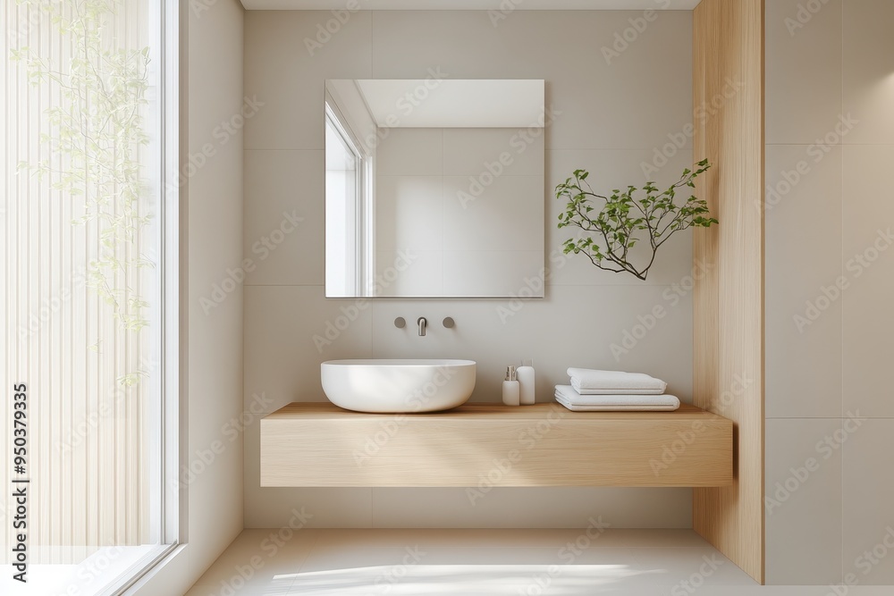 Serene Minimalist Bathroom with Neutral Tiles, Light Wood Accents, and Floating Vanity under Soft Ambient Lighting - Overhead Shot Serene Minimalist Bathroom with Neutral Tiles, Light Wood Accents, and Floating Vanity under Soft Ambient Lighting - Overhead Shot