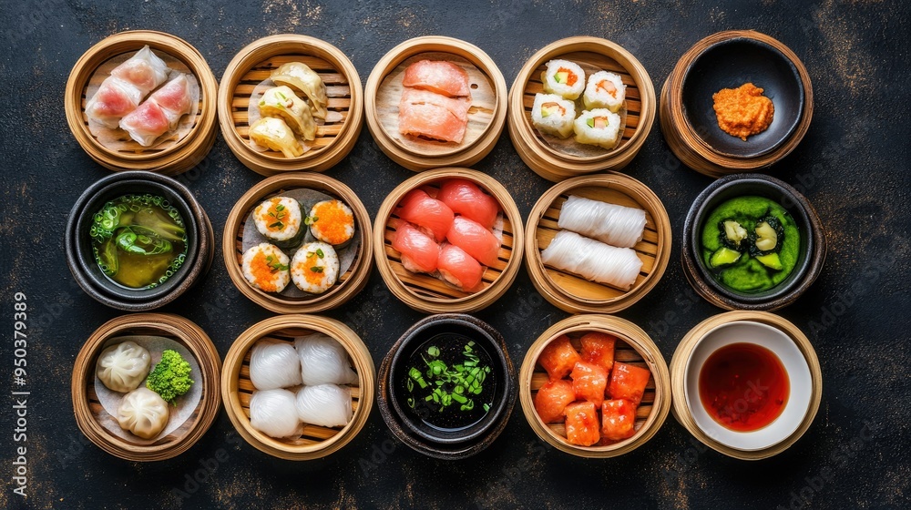 Assorted dim sum in bamboo steamers with dipping sauces on the side, top view Assorted dim sum in bamboo steamers with dipping sauces on the side, top view