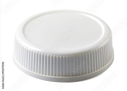 Isolated white background features a blank, editable plastic bottle cap with threads and ridges, perfect for custom labeling and branding design projects.