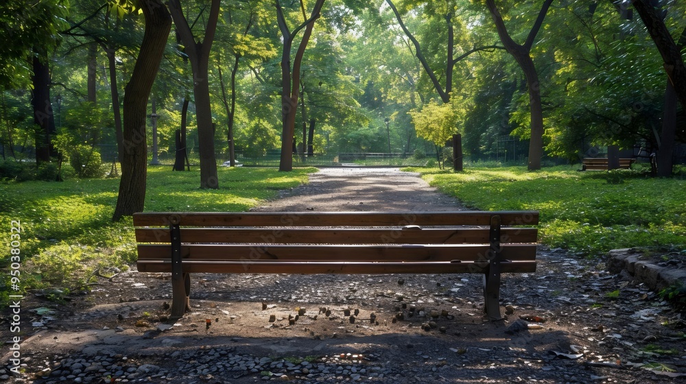 Wooden bench sits empty beneath a leafy tree in a tranquil park, inviting relaxation amidst the lush green grass Wooden bench sits empty beneath a leafy tree in a tranquil park, inviting relaxation amidst the lush green grass