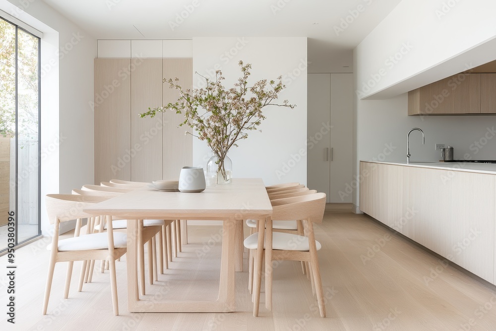 Fototapeta premium Cozy Minimalist Breakfast Nook in Neutral Tones with Light Wood Furniture, Captured from Side Angle, Bathed in Natural Light for an Intimate Feel
