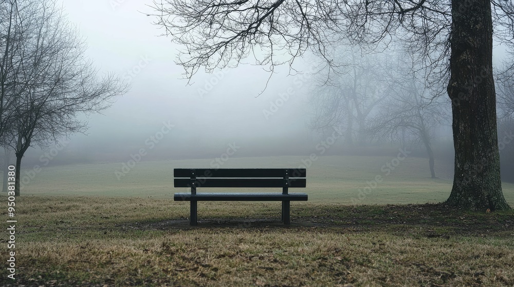 A vacant park bench in a quiet, foggy morning setting. A vacant park bench in a quiet, foggy morning setting.