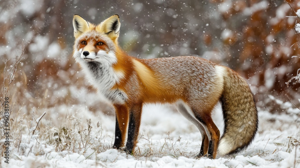 A curious red fox standing in a snowy field, its bushy tail curled around its body as it surveys its surroundings A curious red fox standing in a snowy field, its bushy tail curled around its body as it surveys its surroundings