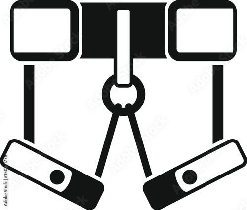 Black solid icon for a climbing harness with adjustable buckles and carabiners for mountaineering, isolated on a white background
