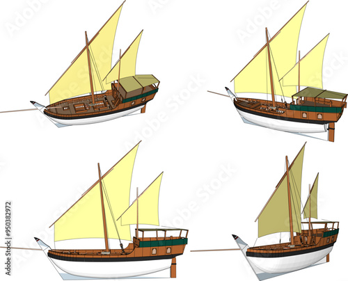 Vector sketch illustration of a wooden sailboat design for sailing on the high seas