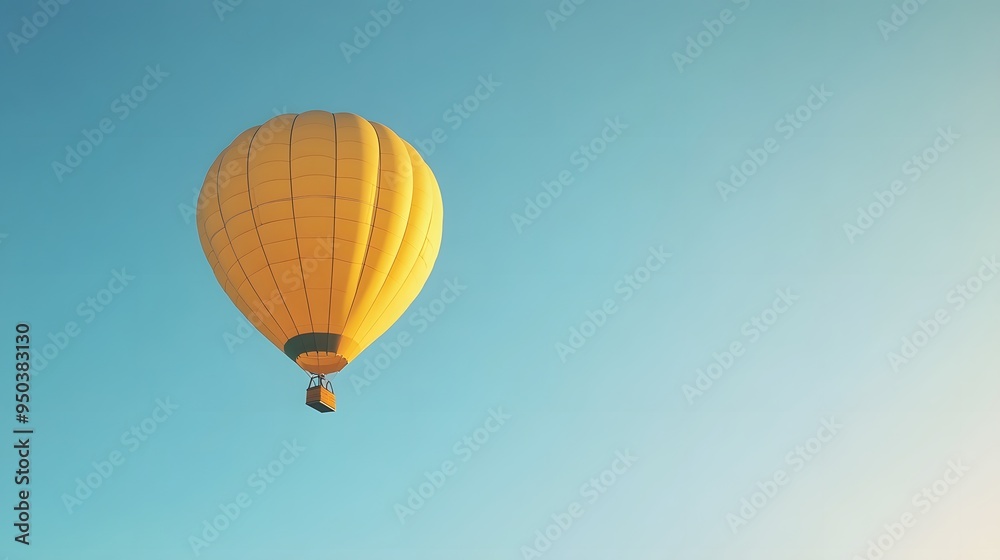 Fototapeta premium A hot air balloon flying in the sky, with a yellow and black checkered pattern. Against a clear blue background with copy space