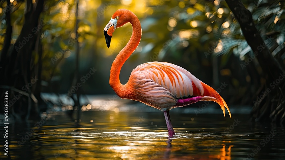 Fototapeta premium A graceful flamingo standing in shallow water, with its long neck curved elegantly and its vibrant pink feathers reflecting in the water