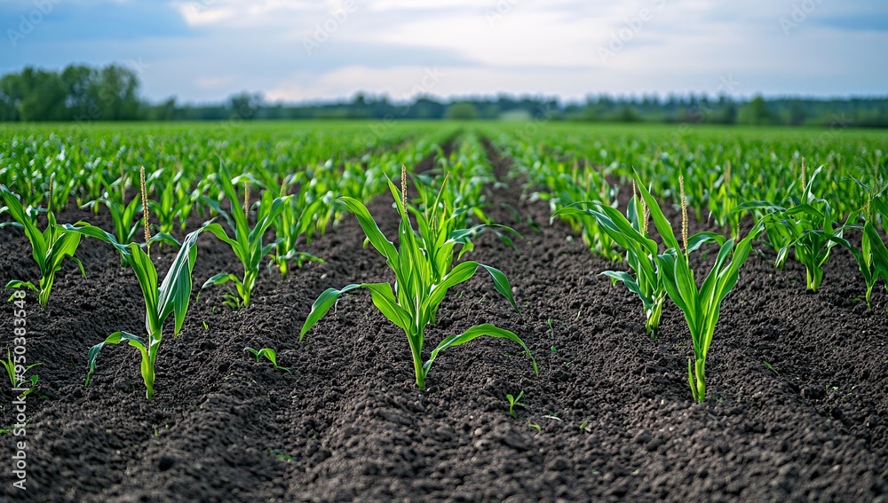 Young Corn Seedlings in Fertile Soil at Sunrise Young Corn Seedlings in Fertile Soil at Sunrise