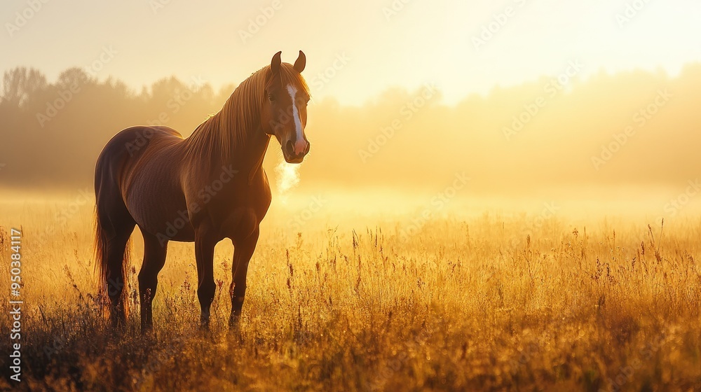 A majestic horse standing in a misty meadow at dawn, its breath visible in the cool morning air A majestic horse standing in a misty meadow at dawn, its breath visible in the cool morning air
