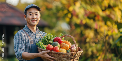 Middle-aged asian man holding a basket of vegetables  harvest. Gardening peoples. Banner. Copy space on the right photo