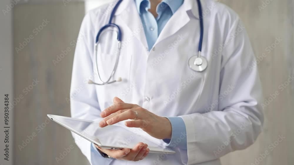 Doctor woman wearing lab coat and stethoscope using tablet computer in hospital. Medicine and science concept Doctor woman wearing lab coat and stethoscope using tablet computer in hospital. Medicine and science concept