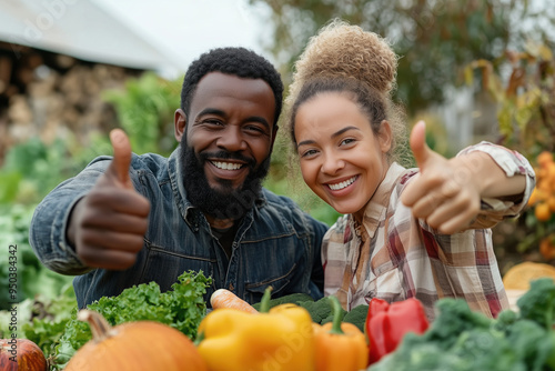 A couple of middle-aged africans joyfull people giving thumb up with the harvest from their autumn garden.  Gardening peoples. photo