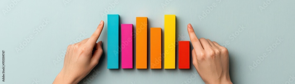 Hands pointing to a specific bar chart in a yearly financial report, important data highlighted with vibrant colors, Focused financial chart analysis, business insights Hands pointing to a specific bar chart in a yearly financial report, important data highlighted with vibrant colors, Focused financial chart analysis, business insights