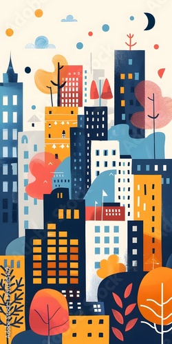 Abstract Cityscape with Colorful Buildings and Trees