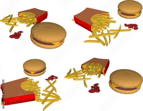 Vector sketch illustration of fast food design hamburger with meat cheese and french fries