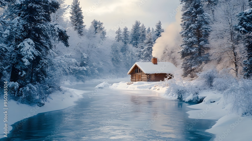 Winter wonderland snow-covered trees frozen river log cabin smoke chimney cool blues Winter wonderland snow-covered trees frozen river log cabin smoke chimney cool blues