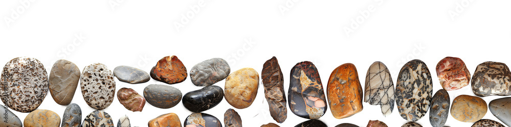 A diverse collection of decorative rocks forming a horizontal decorative border, set against a pristine white background. The rocks are of different shapes and sizes, showcasing a A diverse collection of decorative rocks forming a horizontal decorative border, set against a pristine white background. The rocks are of different shapes and sizes, showcasing a