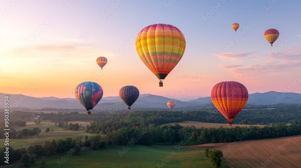 Naklejka premium Colorful Hot Air Balloons Over Rural Landscape at Sunset