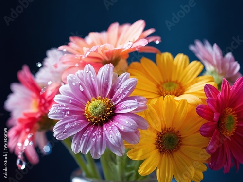 A vibrant bouquet of colorful daisies with water droplets, delicately arranged in a clear vase against a dark blue background