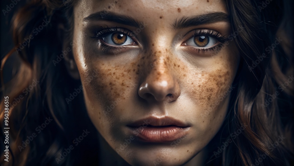 A detailed close-up of a woman’s face with intense brown eyes, freckles, and a natural expression. Ideal for beauty, skincare, and fashion-related projects. A detailed close-up of a woman’s face with intense brown eyes, freckles, and a natural expression. Ideal for beauty, skincare, and fashion-related projects.