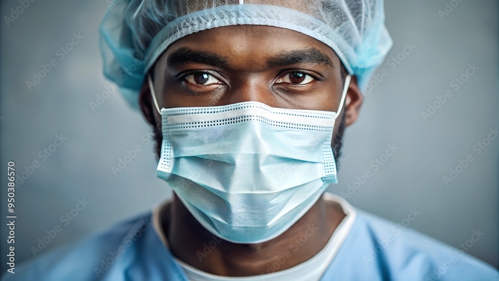 A close-up portrait of an African American healthcare worker wearing a surgical mask and cap, with a focused and intense expression, symbolizing dedication and professionalism in a medical setting. A close-up portrait of an African American healthcare worker wearing a surgical mask and cap, with a focused and intense expression, symbolizing dedication and professionalism in a medical setting.