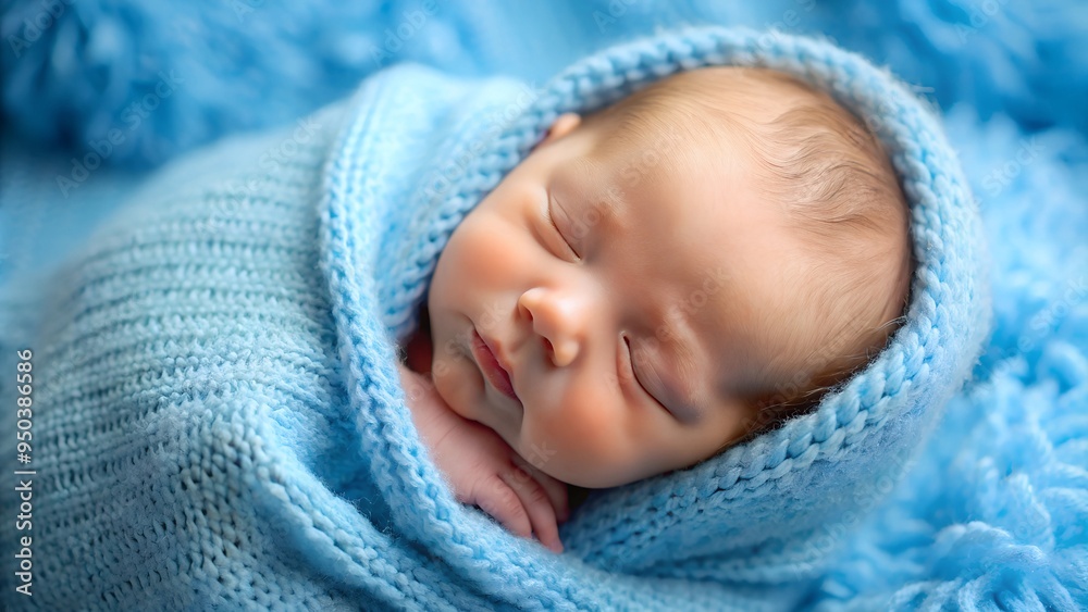 A close-up portrait of a peaceful newborn baby wrapped in a soft blue knitted blanket, sleeping calmly. The baby has delicate features and light skin, creating a tender and serene scene. A close-up portrait of a peaceful newborn baby wrapped in a soft blue knitted blanket, sleeping calmly. The baby has delicate features and light skin, creating a tender and serene scene.