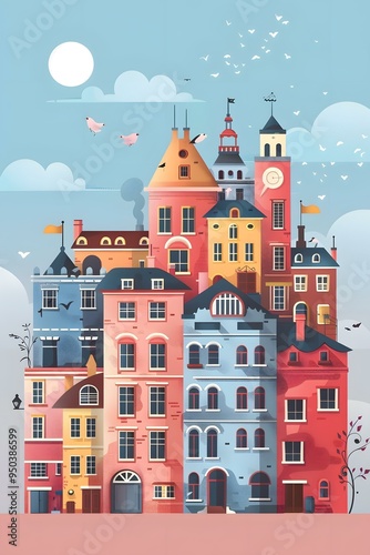 Colorful Illustration of a Town with Many Buildings