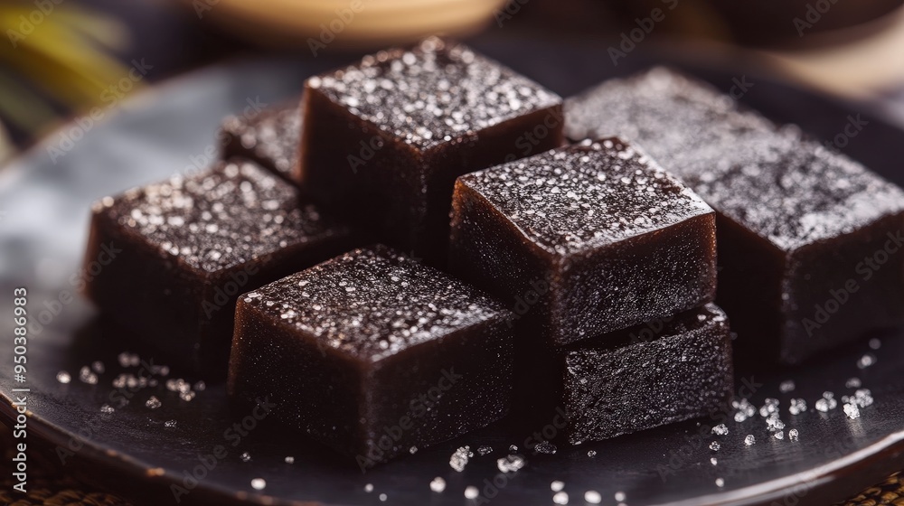 Sweet Indulgence: Close-up of Kuro Ame, Japanese traditional black sugar candy, featuring deep, rich flavor on a neutral background. Sweet Indulgence: Close-up of Kuro Ame, Japanese traditional black sugar candy, featuring deep, rich flavor on a neutral background.