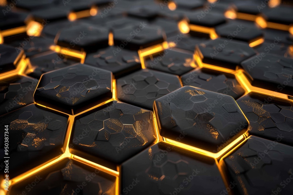Shimmering Hexagonal Abstract 3D Background in Metallic Tones with Glowing Edges Shimmering Hexagonal Abstract 3D Background in Metallic Tones with Glowing Edges
