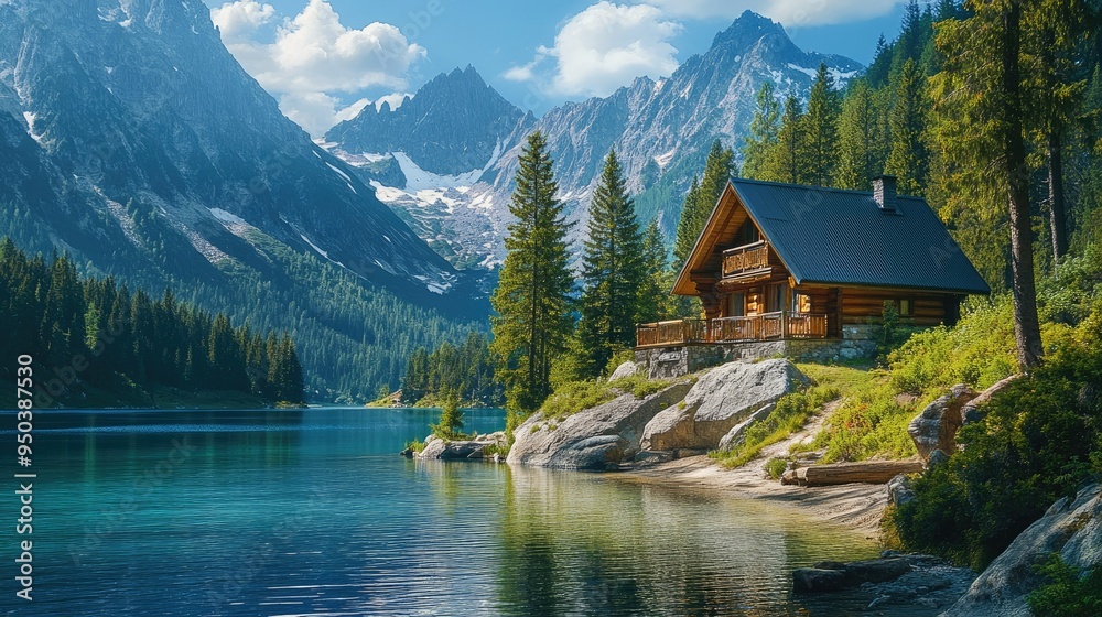 Fototapeta premium A remote mountain cabin with a view of a pristine lake, surrounded by evergreen forests and towering peaks