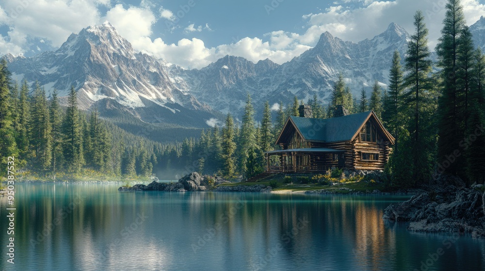 Fototapeta premium A remote mountain cabin with a view of a pristine lake, surrounded by evergreen forests and towering peaks