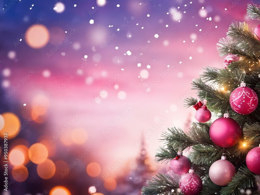 A beautifully decorated Christmas tree with ornaments and snowflakes set against a colorful winter sky during the holiday season A beautifully decorated Christmas tree with ornaments and snowflakes set against a colorful winter sky during the holiday season