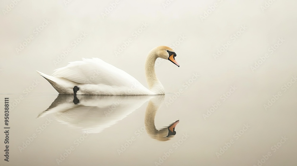 A serene swan gliding gracefully across a still lake, its reflection mirrored perfectly in the water