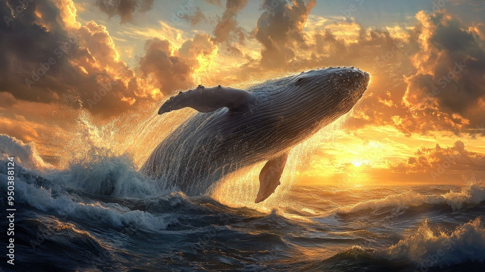 A serene whale breaching the surface of the ocean, with water cascading ...