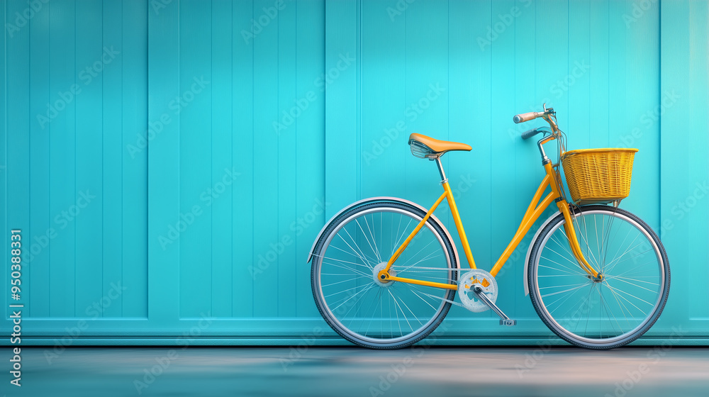 Fototapeta premium Bright yellow bicycle against a vibrant turquoise wall