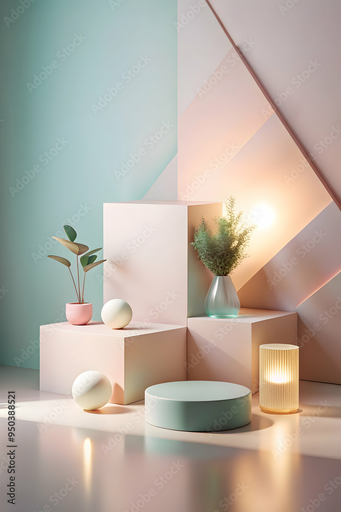 custom made wallpaper toronto digitalSunlit Minimalism: A serene beige display podium, adorned with geometric shapes, bathes in warm sunlight, offering a tranquil stage for product showcasing. 